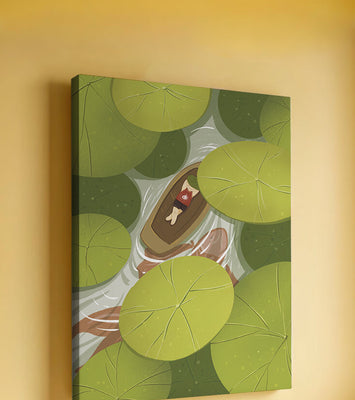 Person in boat among lush green lily pads