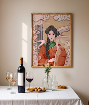 Elegante representación de una mujer con atuendo tradicional y nubes giratorias
