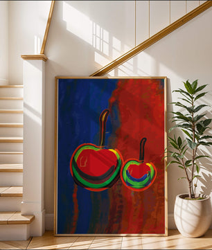 Pintura abstracta de cerezas con colores vibrantes
