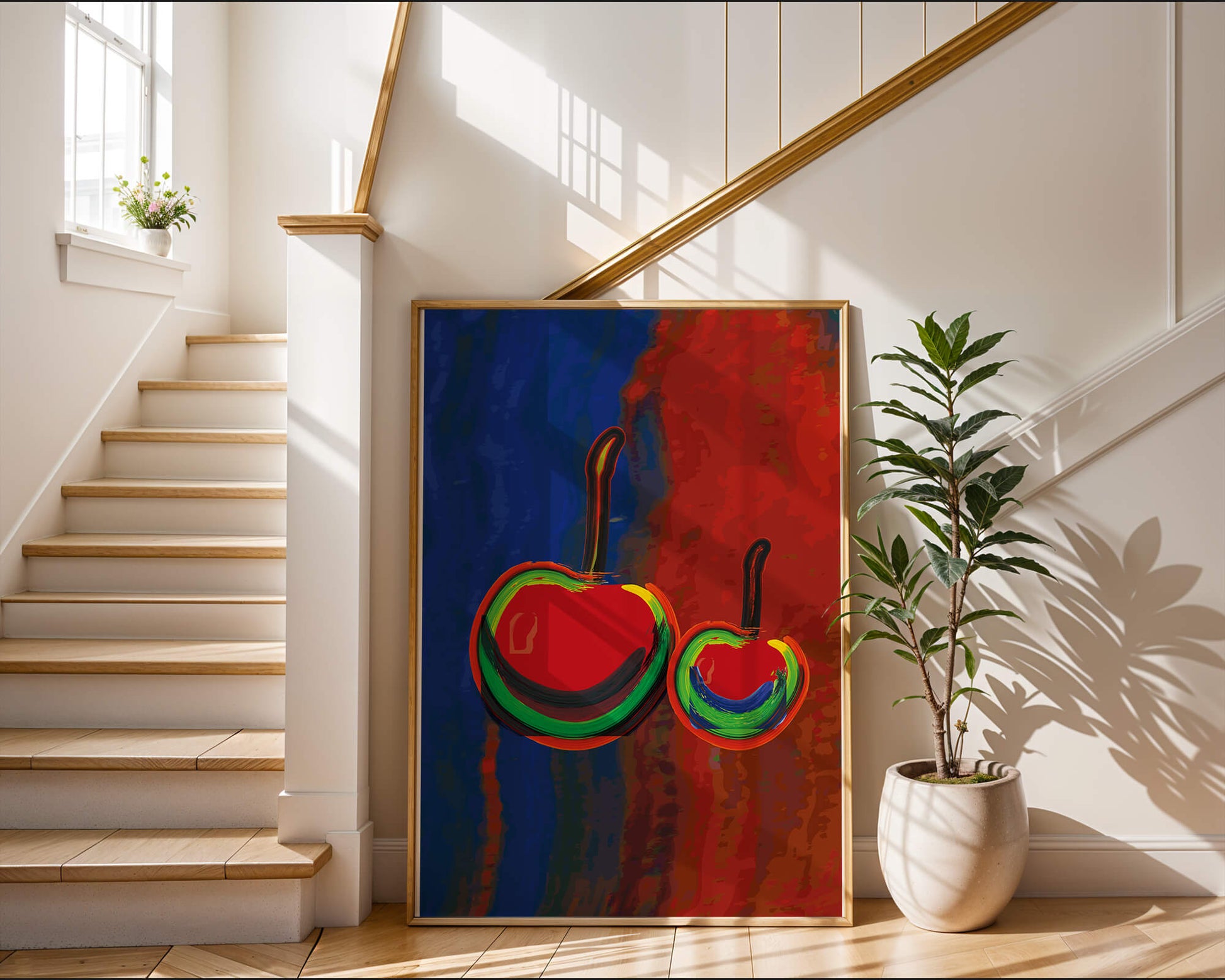 Pintura abstracta de cerezas con colores vibrantes.