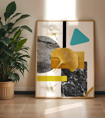 Geometric Abstract Composition with Gold Ginkgo Leaves