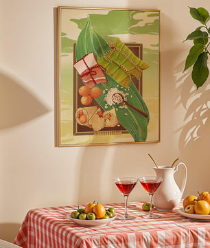 Traditional dumplings wrapped in leaves with ingredients on a vibrant background