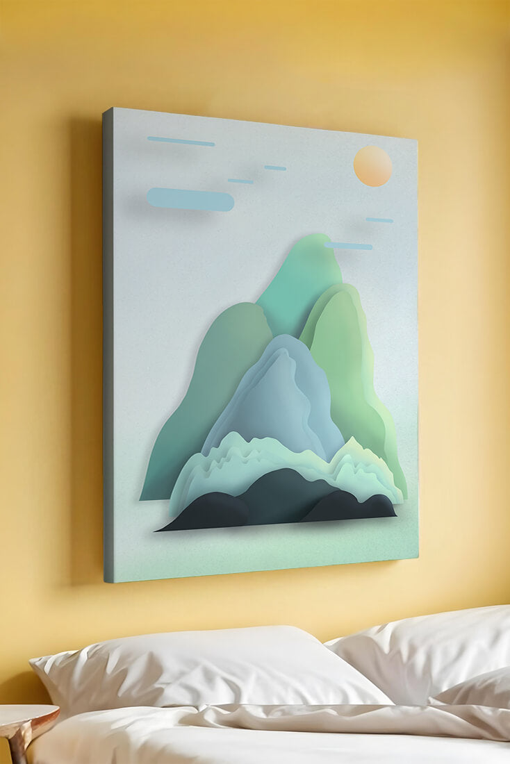Minimalistic mountain landscape with vibrant colors and abstract layers