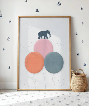 An Elephant Balancing on Colorful Balloons in a Minimalist Design - Mi tienda