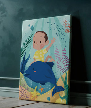 Spellbinding oceaanscène met kind en dolfijn in een betoverende waterwereld