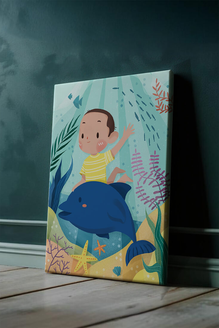 Spellbinding oceaanscène met kind en dolfijn in een betoverende waterwereld