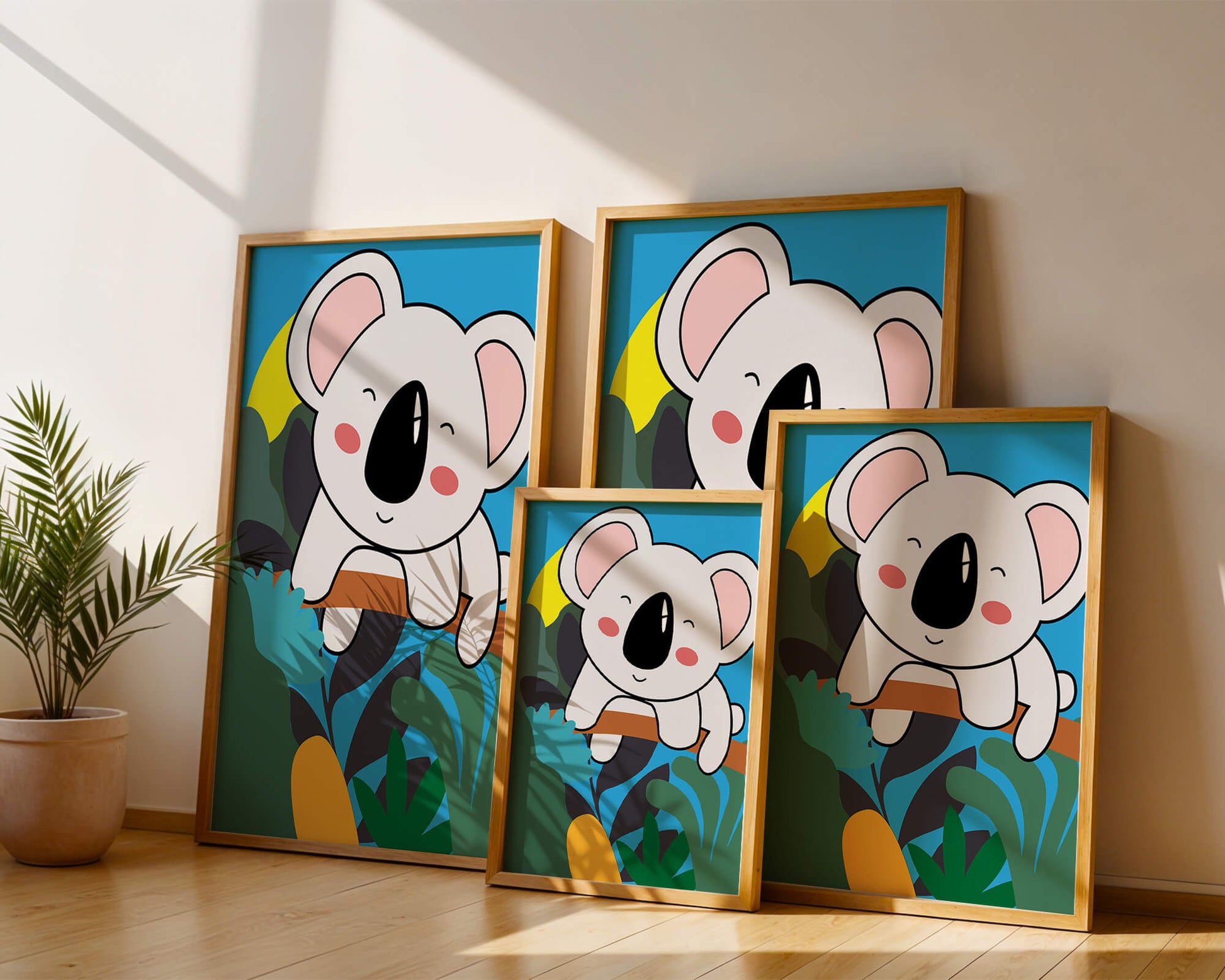 Charming illustrated koala on a branch with vibrant background