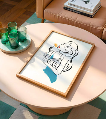 Stylized illustration of a woman with a flower and abstract elements