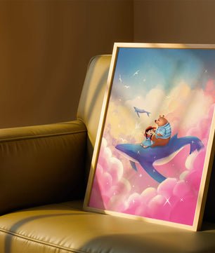 Fantasy illustration of girl and bear riding a whale through colorful clouds