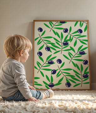 Olive branch pattern with green leaves and blue olives