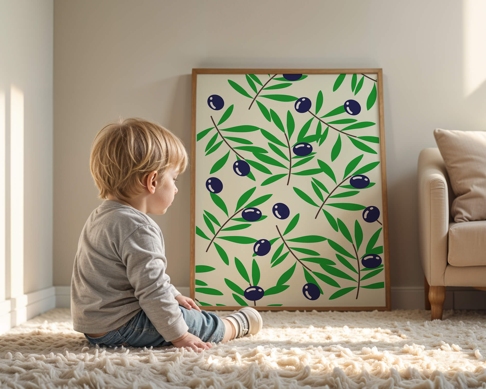 Olive branch pattern with green leaves and blue olives
