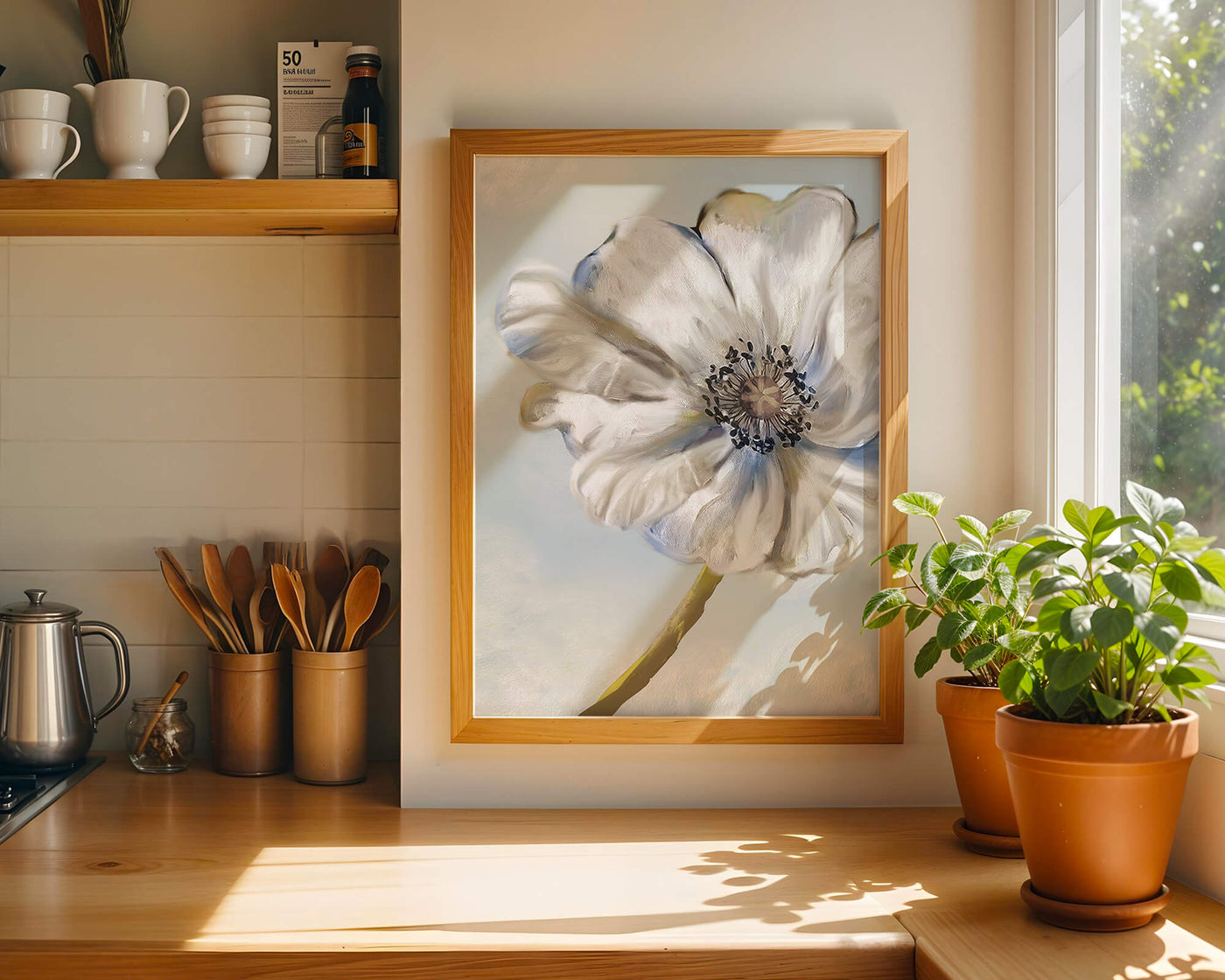 Captivating white flower art with blue hues on a pastel background