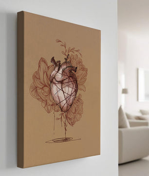 Ilustración detallada de un corazón anatómico con elementos florales sobre fondo beige