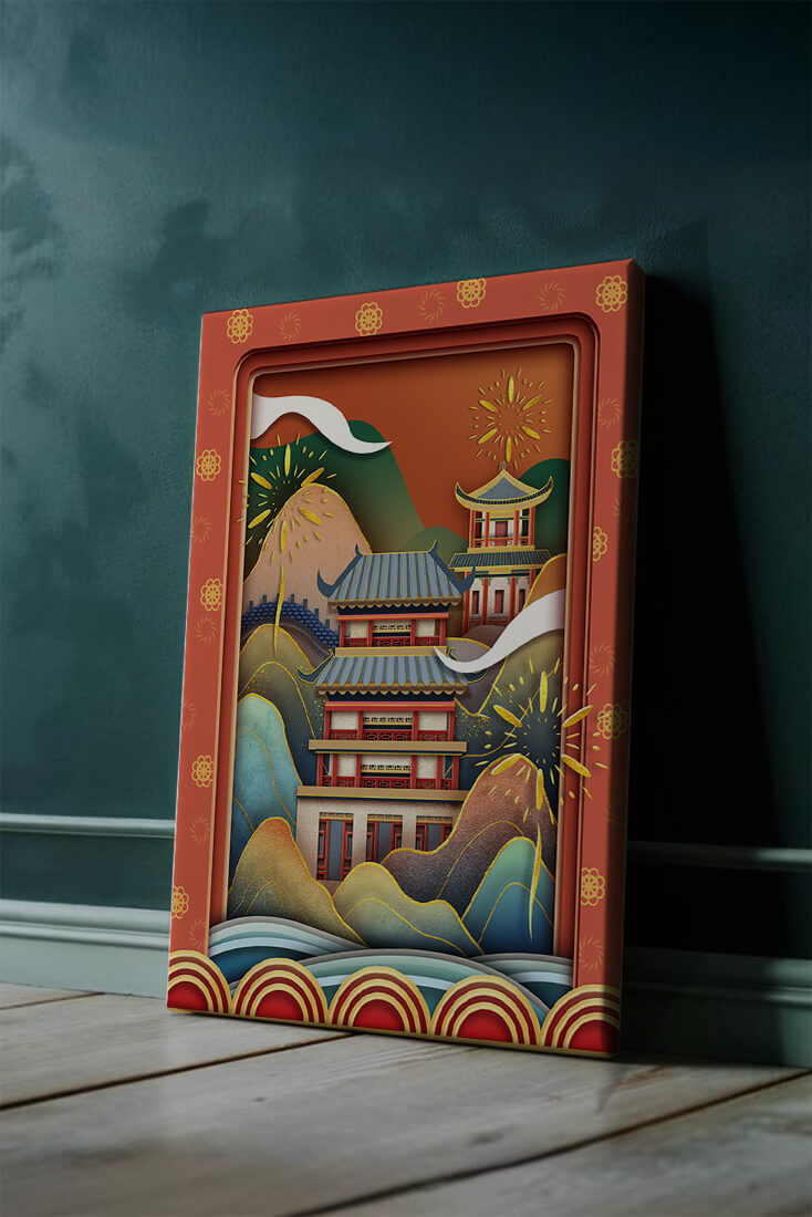 Traditional Asian architecture with fireworks and vibrant mountains