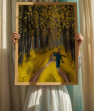 Man Walking Through a Sunny Forest with Golden Leaves