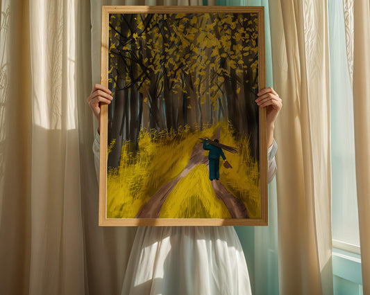 Man Walking Through a Sunny Forest with Golden Leaves