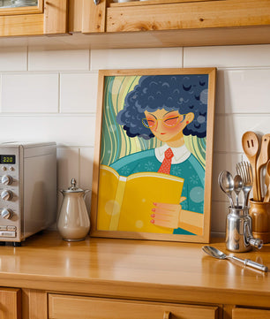 Illustration d'une personne lisant un grand livre jaune dans un style stylisé