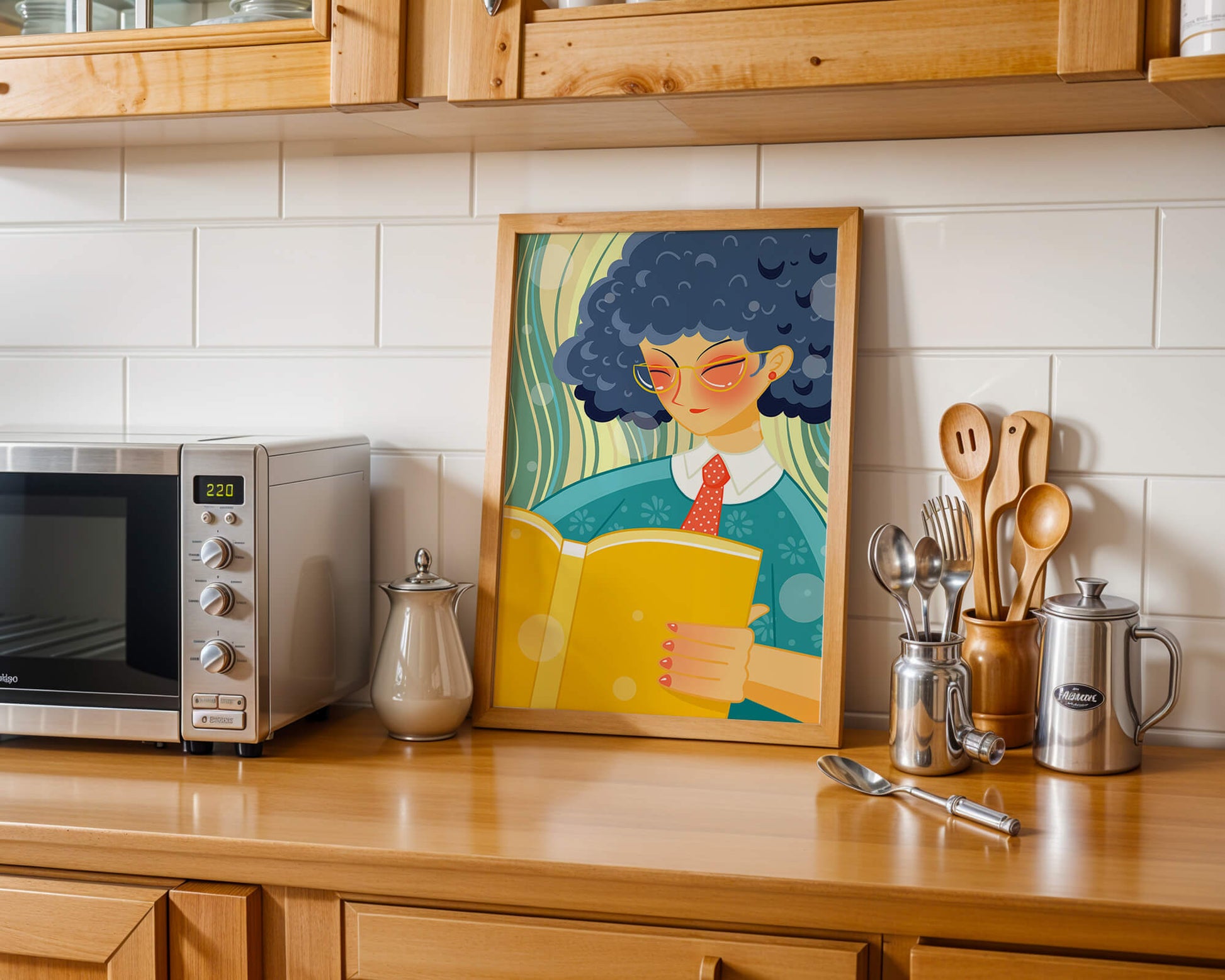 Illustration of a person reading a large yellow book in a stylized design