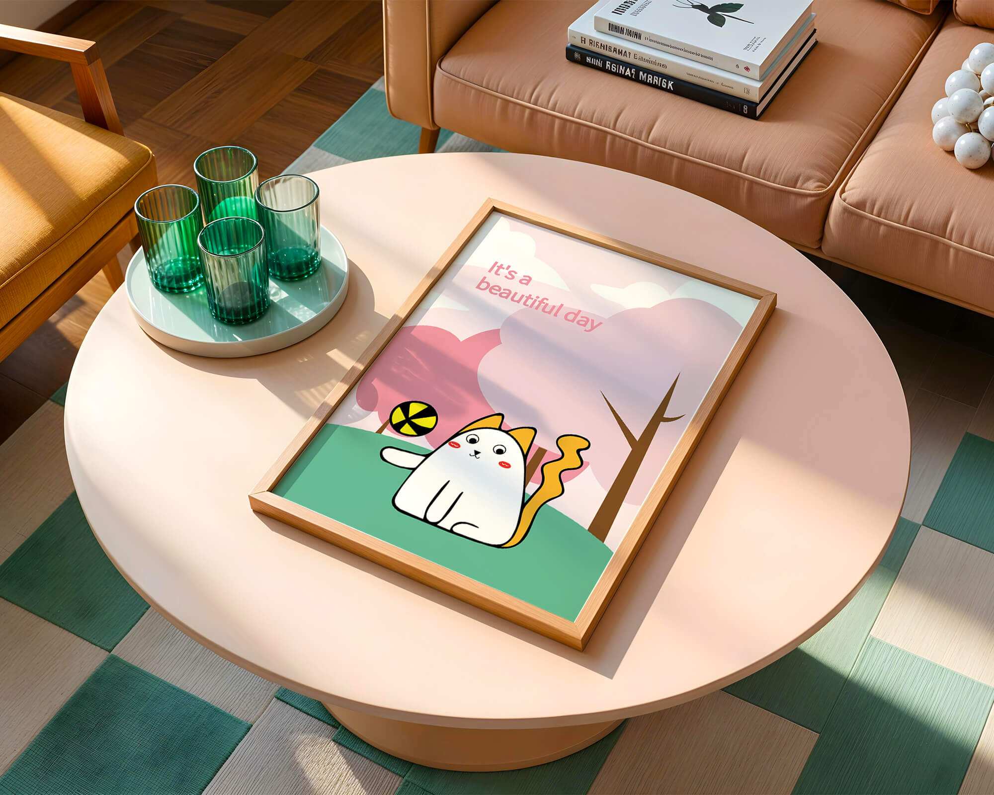 Charming cat illustration in a playful park scene with trees and clouds