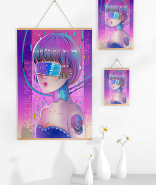 Chica cyberpunk futurista con colores neón y elementos de realidad virtual