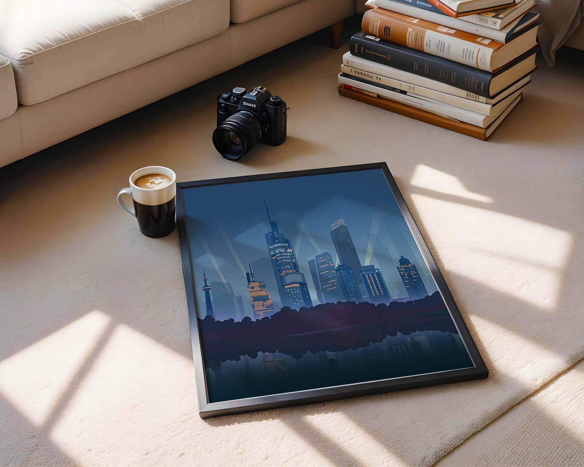 Modern cityscape with illuminated skyscrapers reflecting on water