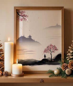 Paisaje sereno con árbol de cerezo y pagodas distantes