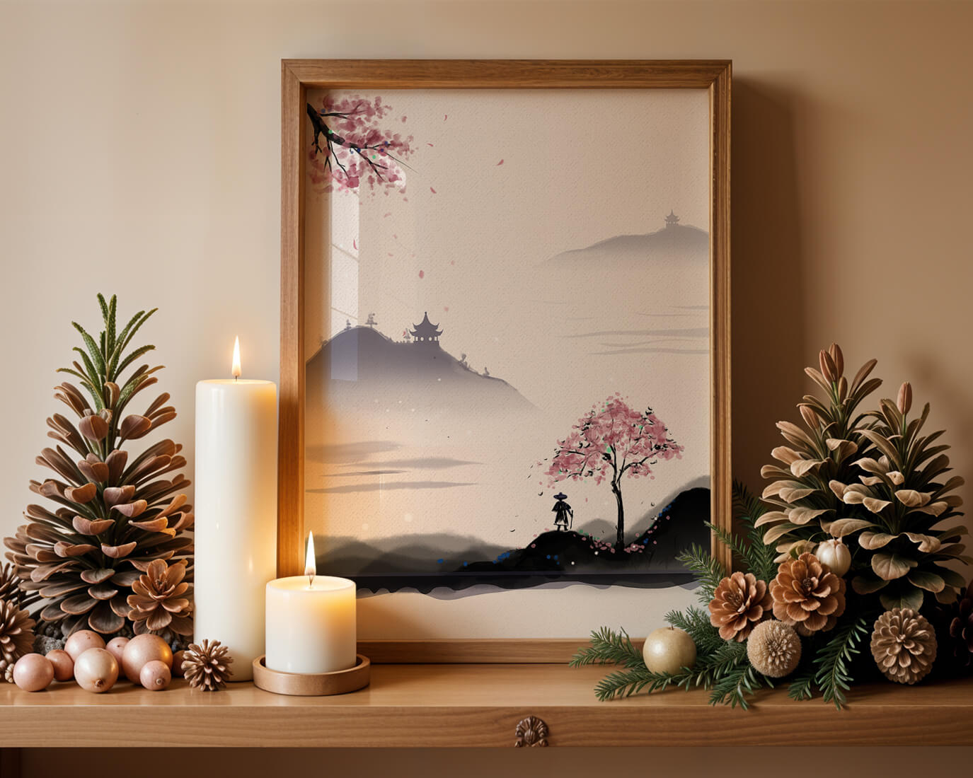 Paisaje sereno con árbol de cerezo y pagodas distantes