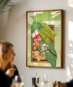 Traditional dumplings wrapped in leaves with ingredients on a vibrant background