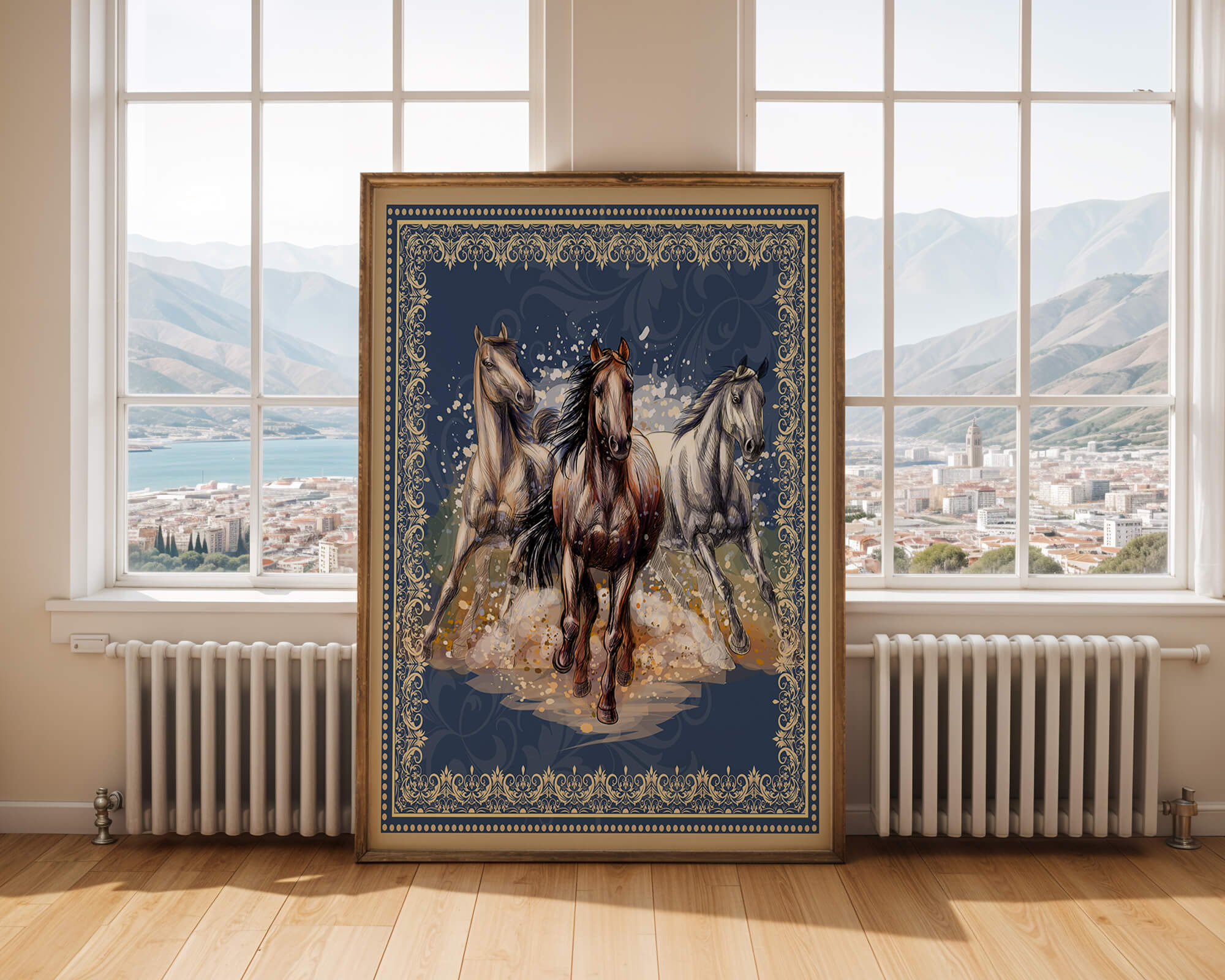 Running horses framed with elegant golden border on a blue background
