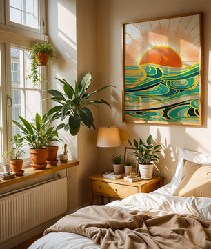 Sunrise over stylized ocean waves with gold accents