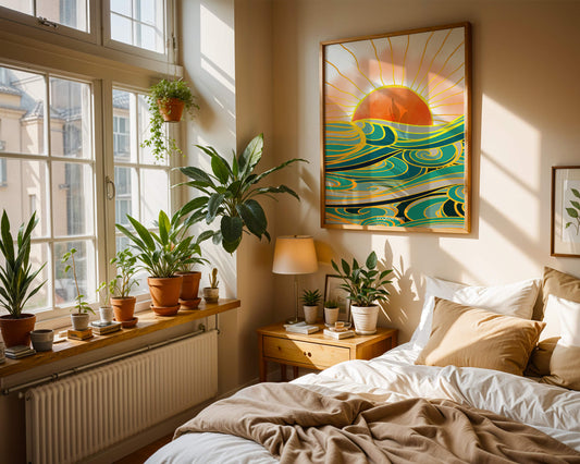 Sunrise over stylized ocean waves with gold accents