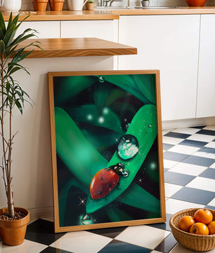 Ladybug on a Leaf with Dew Drops in a Vibrant Nature Scene - Mi tienda