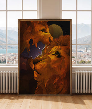 Majestic Lion Illustration in Cosmic Night Setting