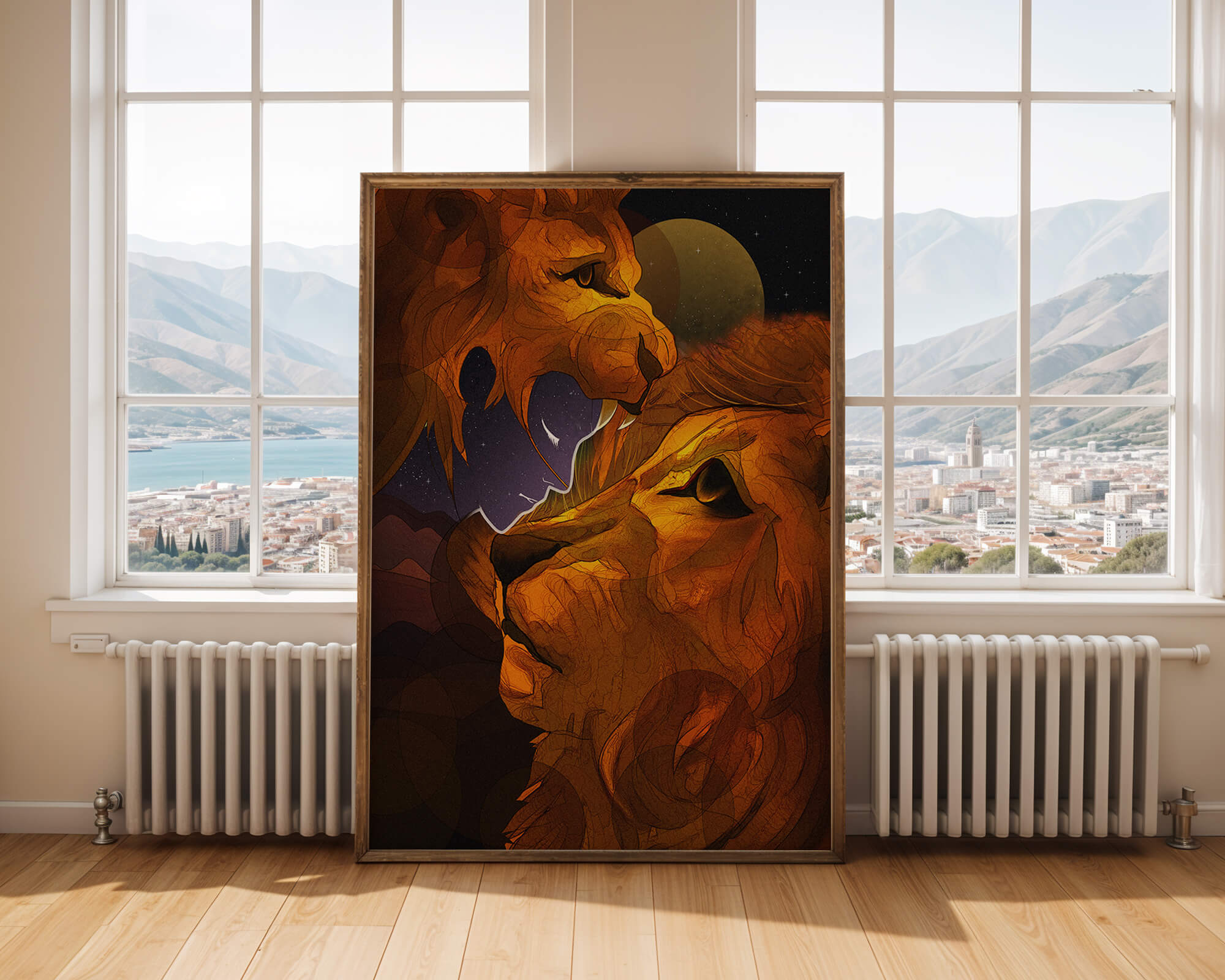 Majestic Lion Illustration in Cosmic Night Setting