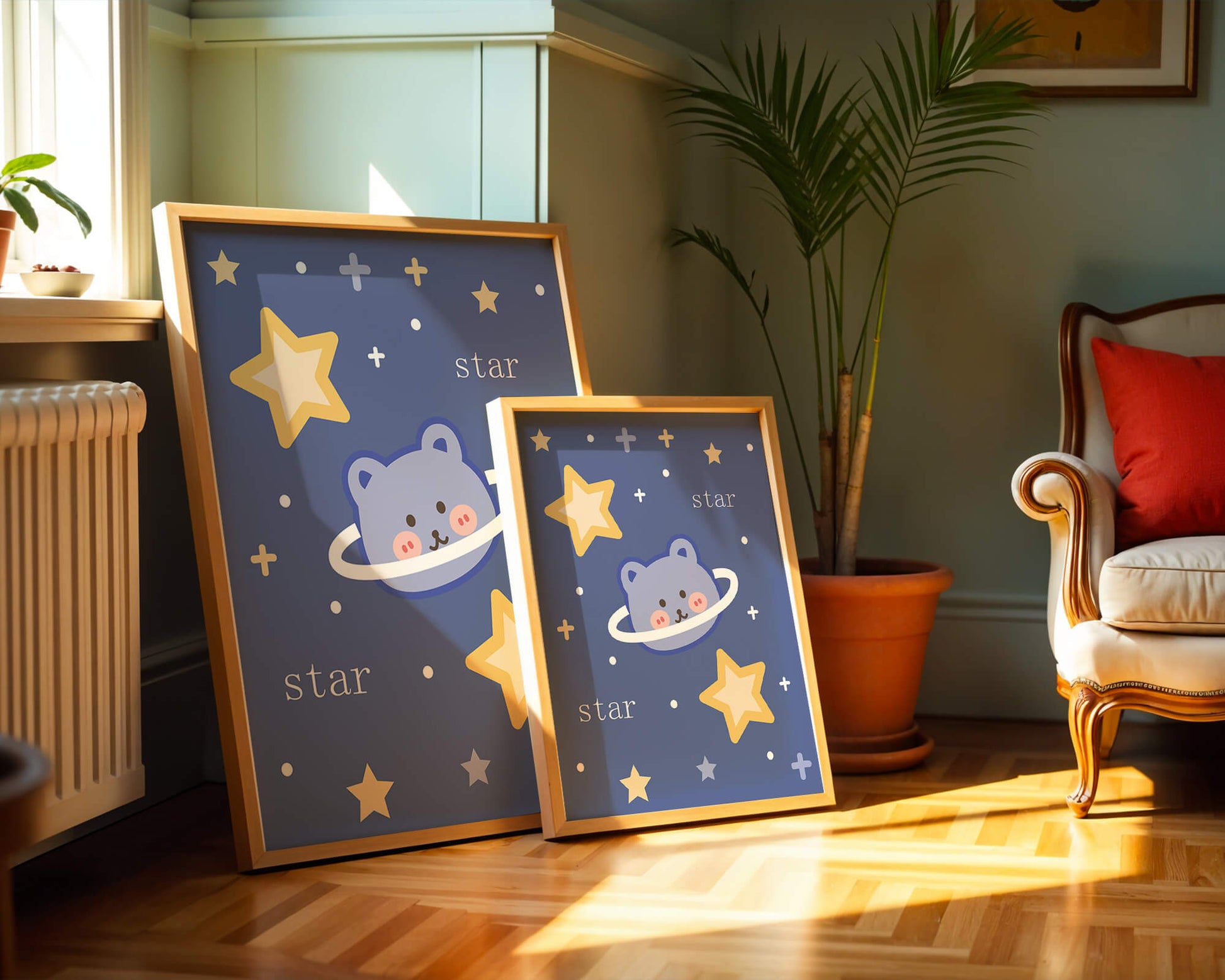 Adorable cartoon bear with stars on a blue background