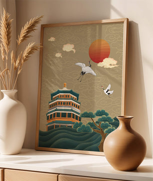 Traditional Asian artwork with cranes and pagoda under a red sun