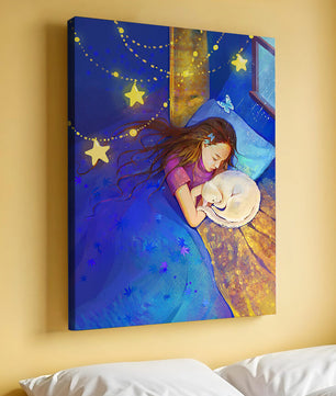 Chica durmiendo con un gato bajo un cielo estrellado
