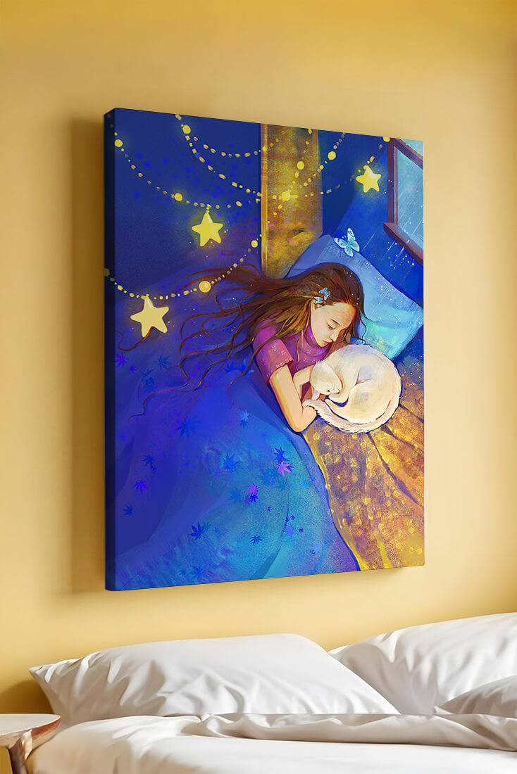 Girl sleeping with cat under starry night sky