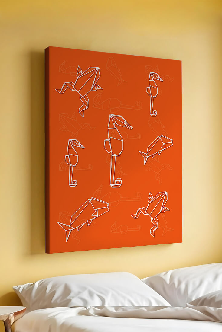 Geometric animal patterns on vibrant orange background