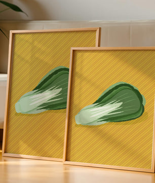 Illustrated bok choy on vibrant yellow background with stripes