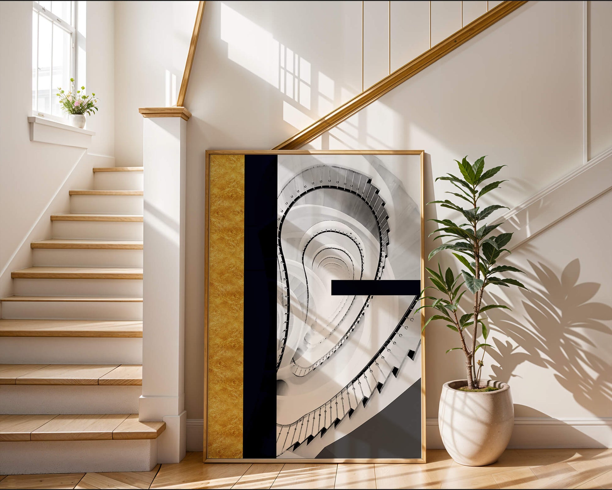 Abstract spiral staircase with a gold accent design