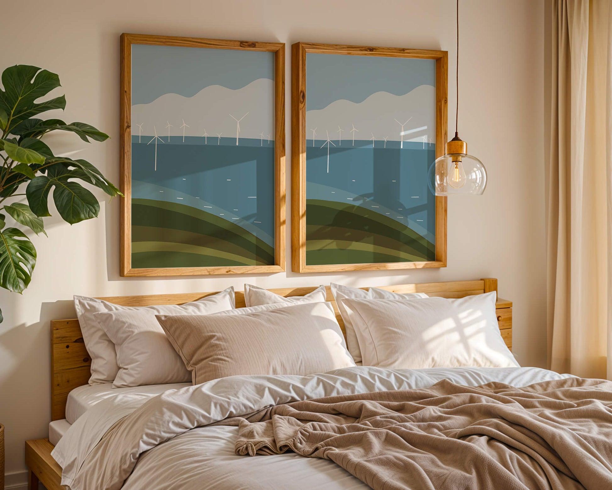 Wind Turbines on Rolling Hills Against a Clear Blue Sky