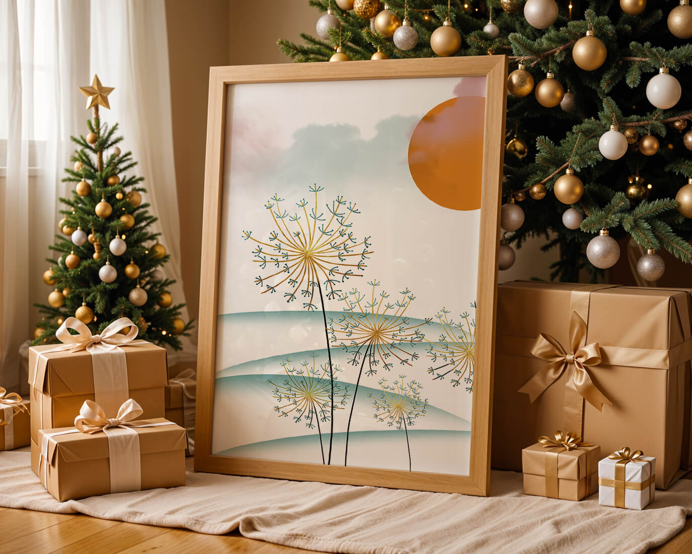 Abstrakte Landschaft mit Löwenzahn und orangefarbener Sonne