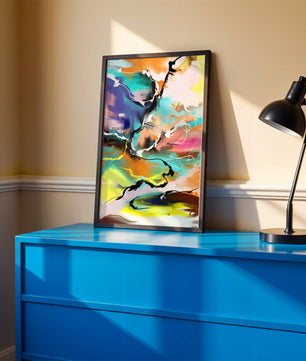 Pintura abstracta colorida con líneas vibrantes y dinámicas
