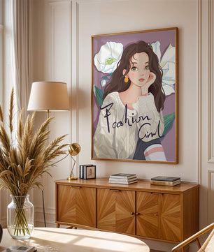 Illustrated fashion girl with floral background and purple theme