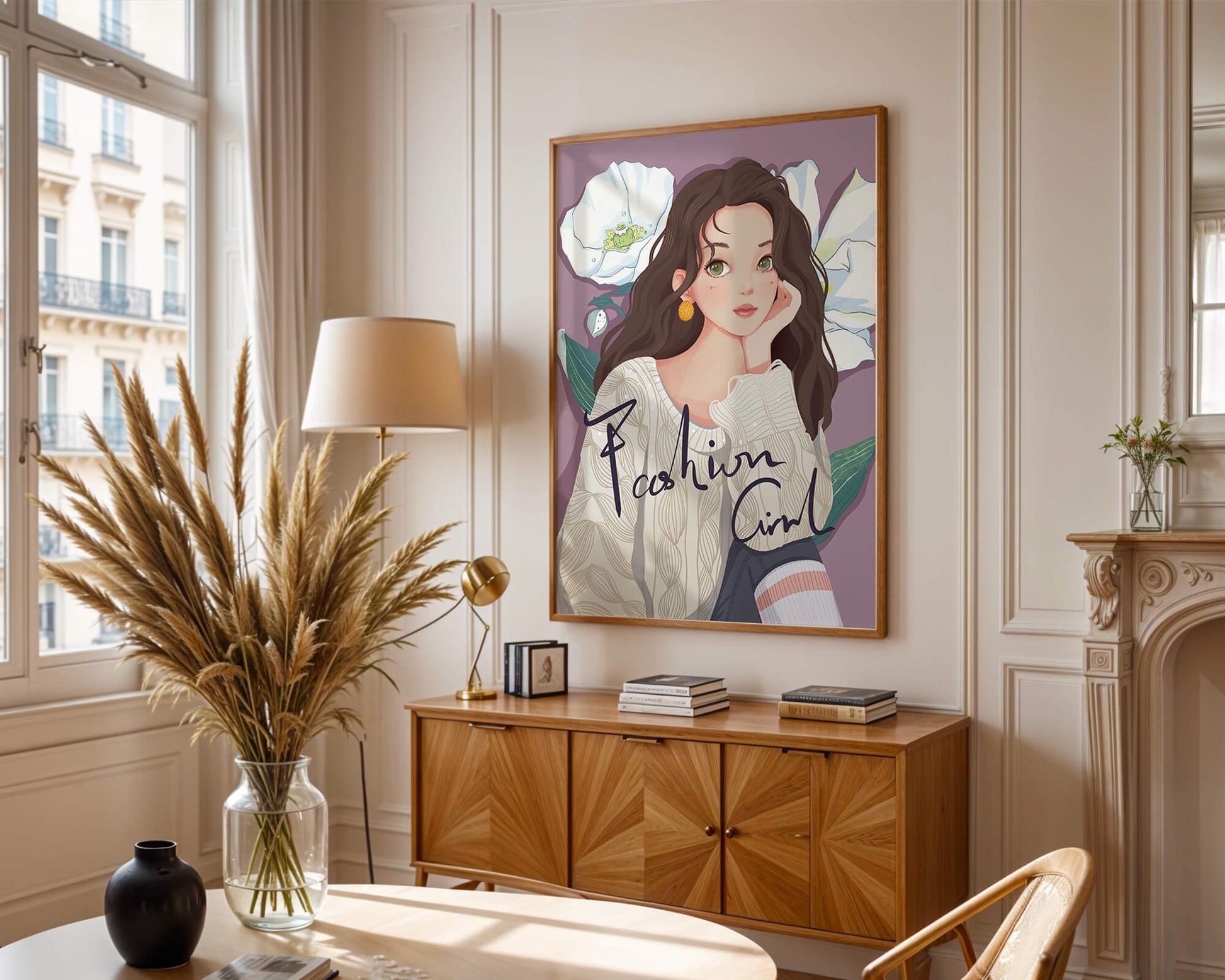 Illustrated fashion girl with floral background and purple theme