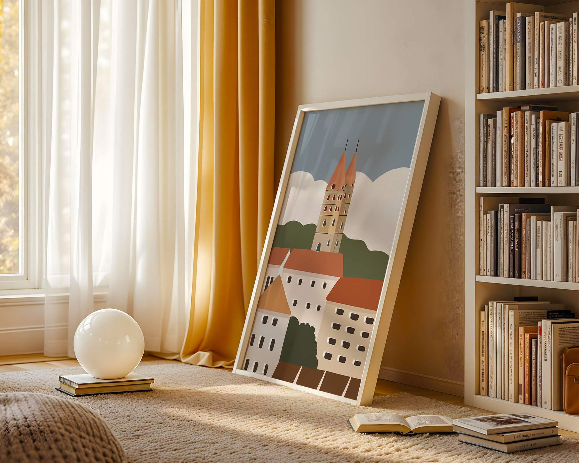 Pueblo pintoresco con torres y techos coloridos bajo el cielo azul