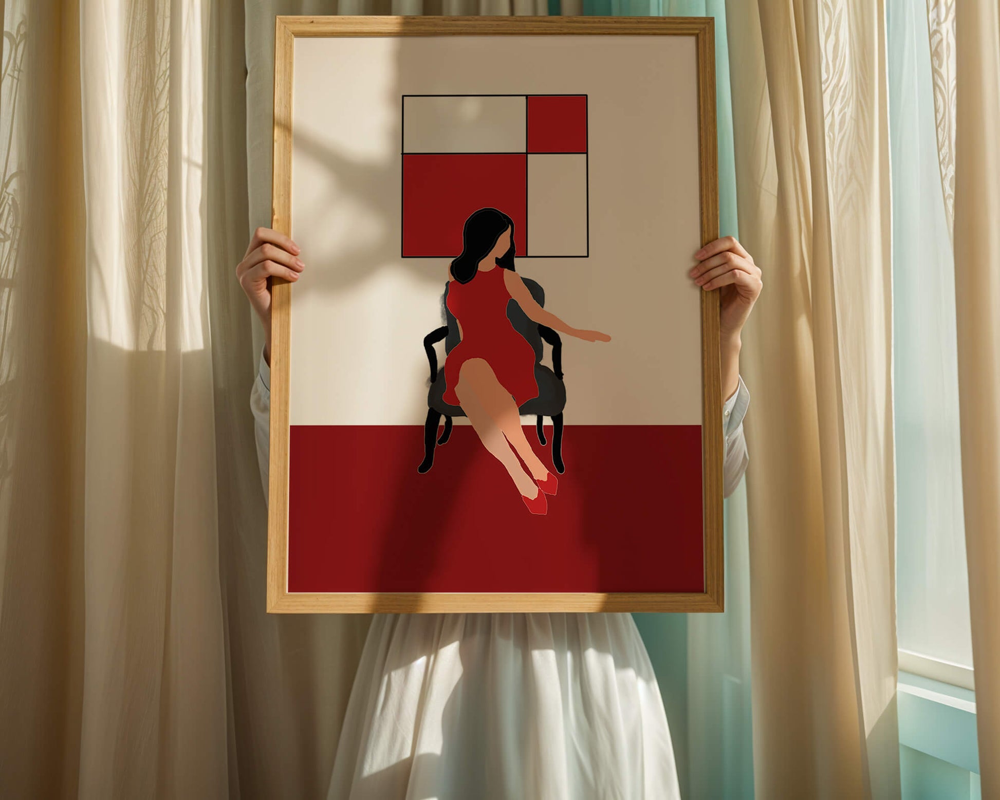 Mujer abstracta en vestido rojo sentada en una silla con arte geométrico en la pared