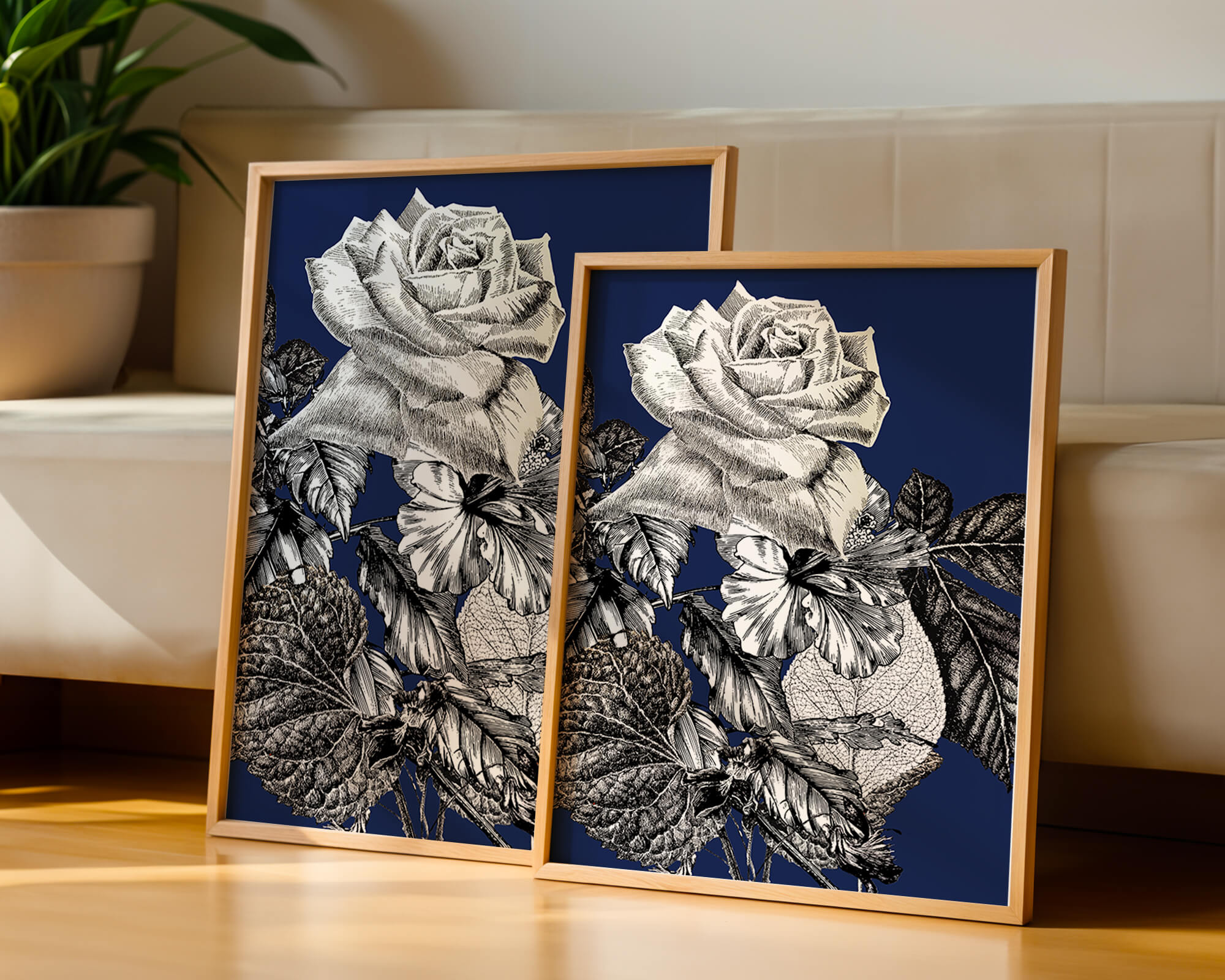 Intricate botanical illustration of roses and foliage on a deep blue background