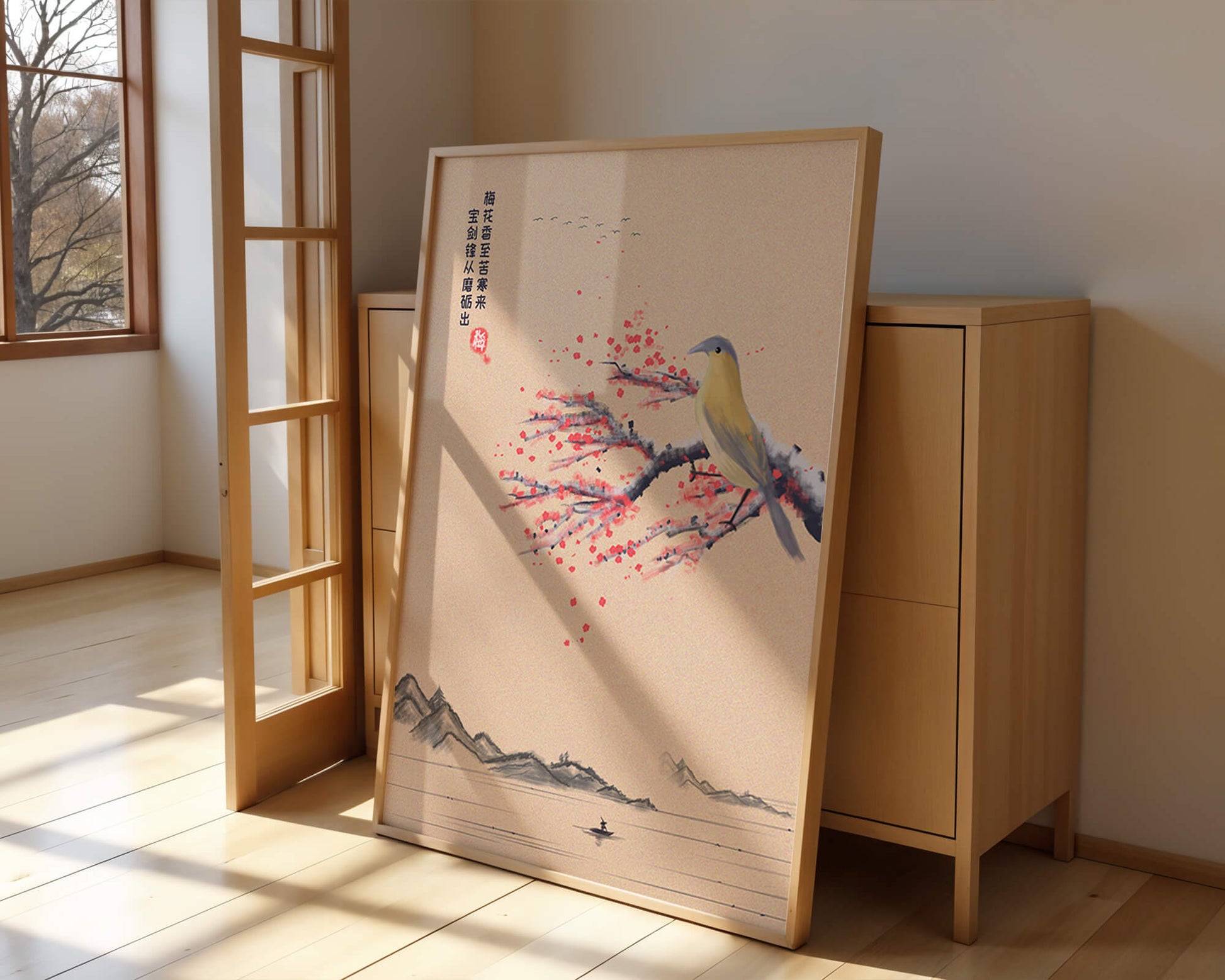 Traditional Chinese painting with bird and blossom branch over tranquil landscape